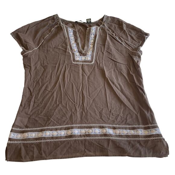 Eddie Bauer Brown Embroidered Blouse Sz XL Boho Gauzy - Picture 1 of 8